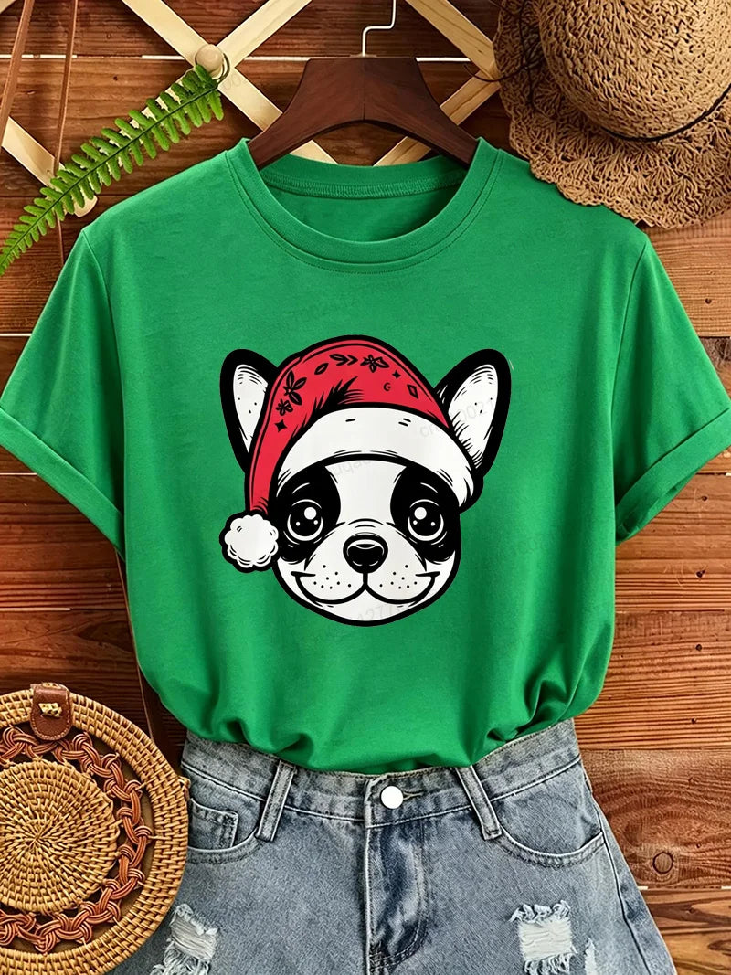 Women's Frenchie Christmas T-Shirt with Santa Hat Graphic