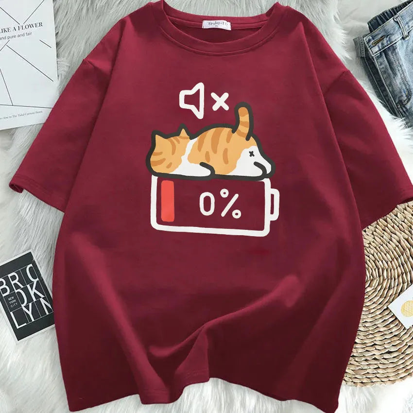 Battery Died Cat Cartoon Shirt
