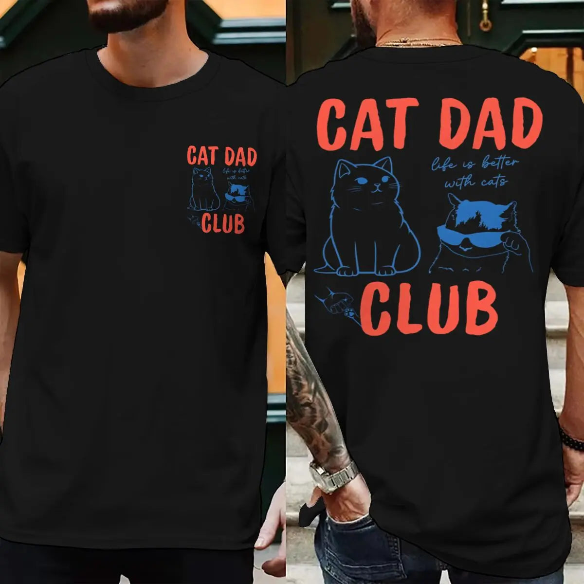 Cat Dad Club T-Shirt with Front and Back Graphics