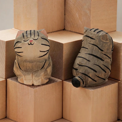 Wood Carving Kitten Statue Decor
