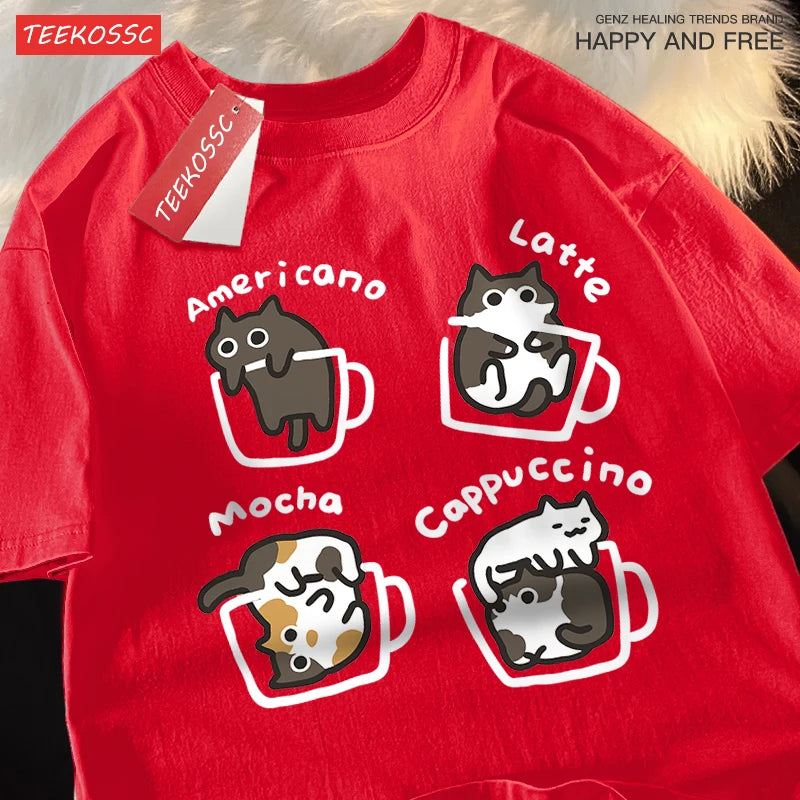 Camiseta de algodão café gato