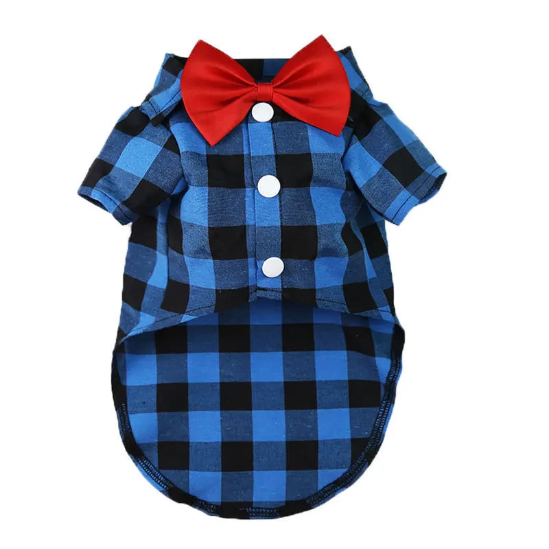 เสื้อเชิ้ตลายสก็อตสำหรับสัตว์เลี้ยง พร้อมเนกไทโบว์สีแดง