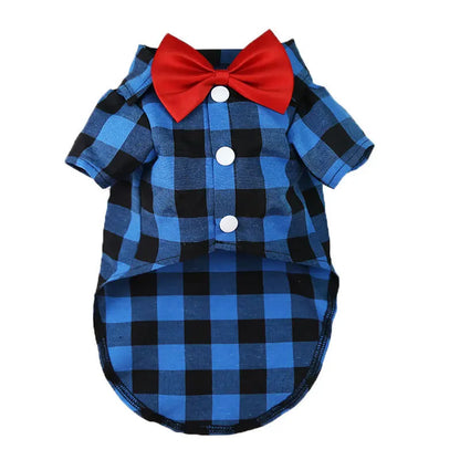 เสื้อเชิ้ตลายสก็อตสำหรับสัตว์เลี้ยง พร้อมเนกไทโบว์สีแดง