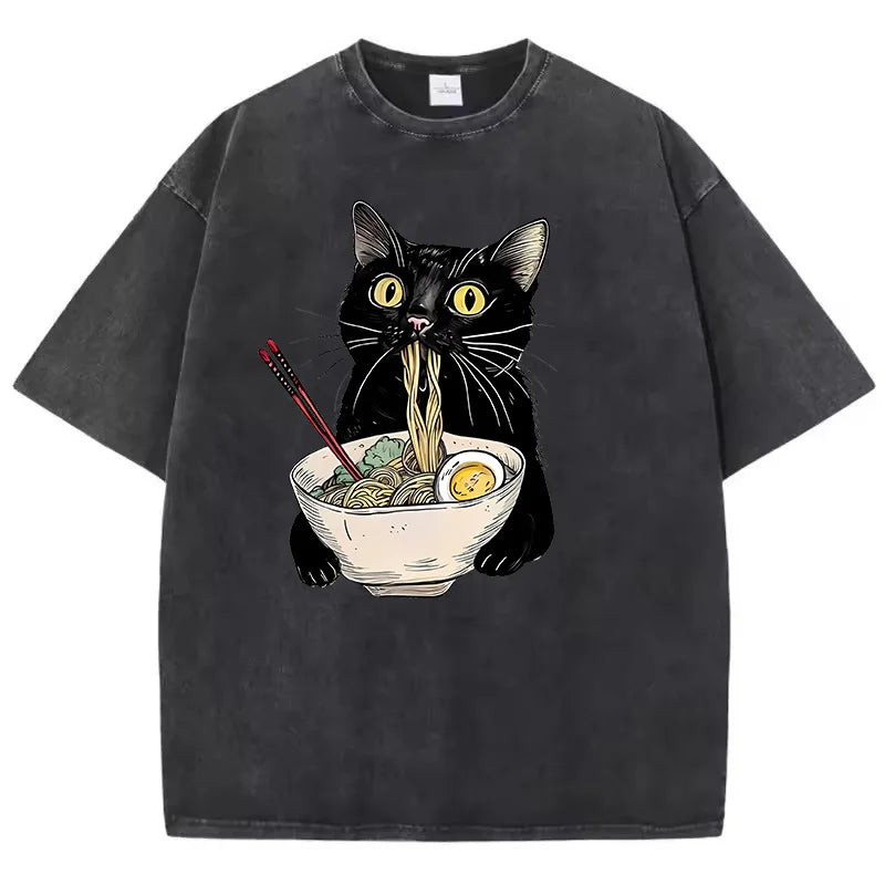 Camiseta retrô gato comendo ramen
