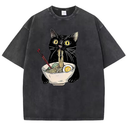Camiseta retrô gato comendo ramen