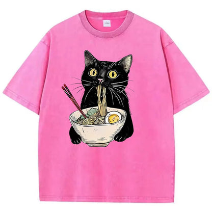 Camiseta retrô gato comendo ramen