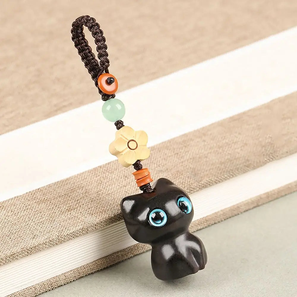 Porte-clés chat porte-bonheur en bois