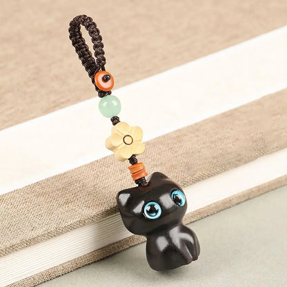Porte-clés chat porte-bonheur en bois