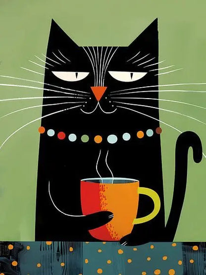 Schwarze Katze trinkt Kaffee-Poster