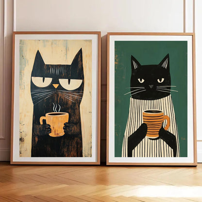 Schwarze Katze trinkt Kaffee-Poster