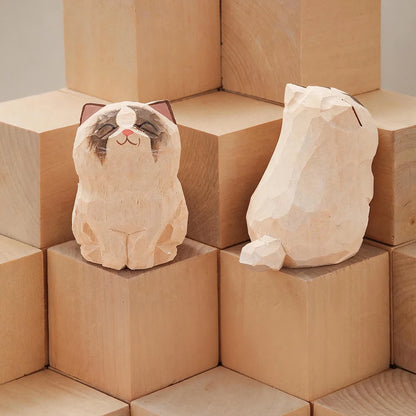 Wood Carving Kitten Statue Decor