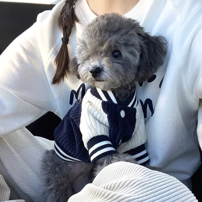 Veste de baseball pour animal, style velours côtelé bleu
