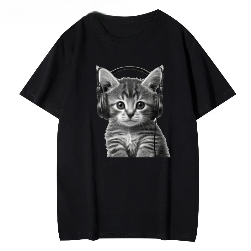 Women's Cat Headphones Graphic T-Shirt