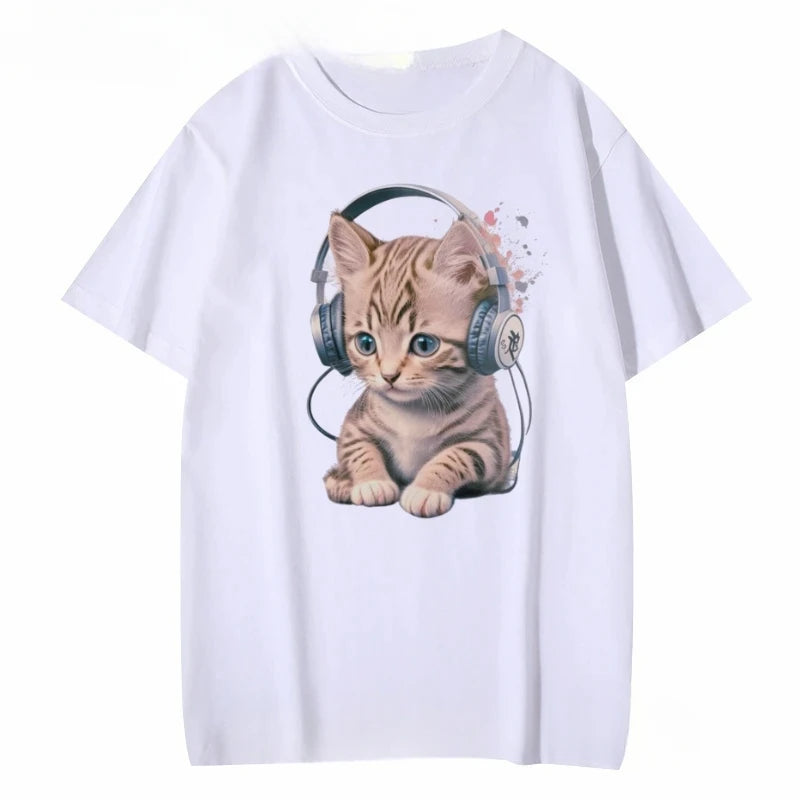 Women's Cat Headphones Graphic T-Shirt