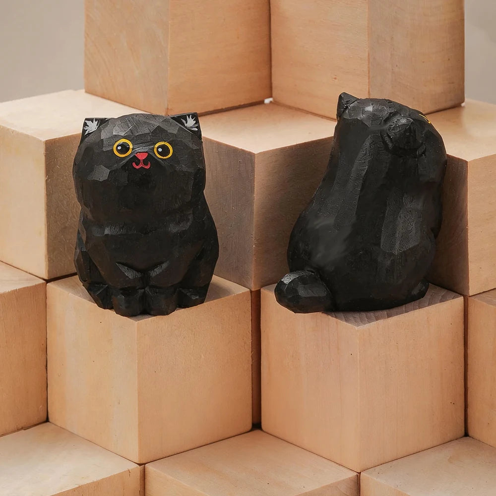 Wood Carving Kitten Statue Decor