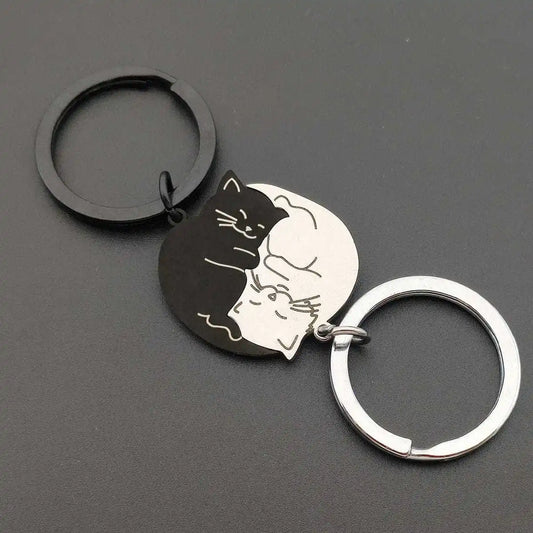 Couple de porte-clés chat de dessin animé en acier inoxydable