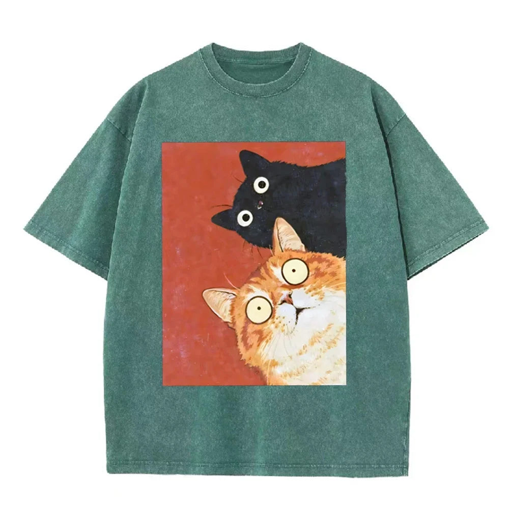 Unisex Washed Cotton T-Shirt with Surprised Cat Graphic