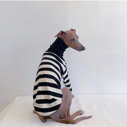Schwarz-weiß gestreiftes Hundeshirt mit hohem Kragen