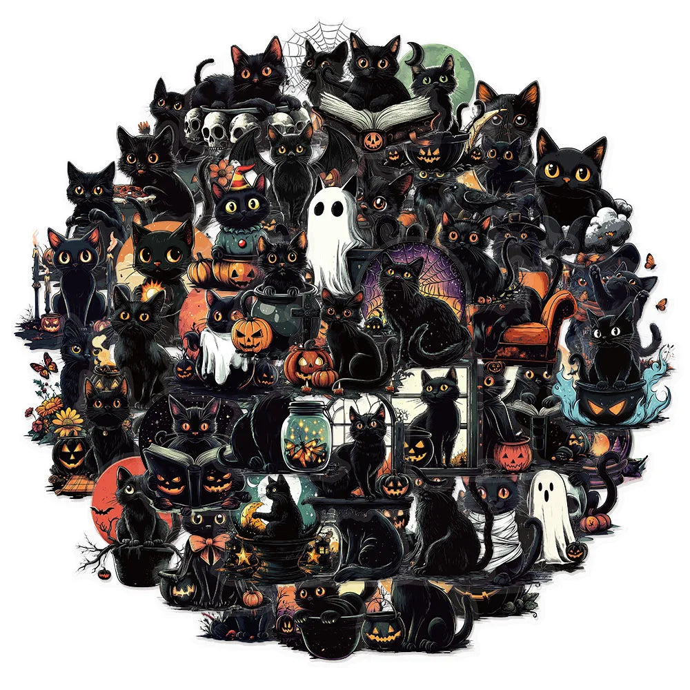 Spooky Halloween Black Cat Stickers Pack