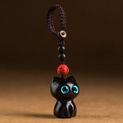Porte-clés chat porte-bonheur en bois