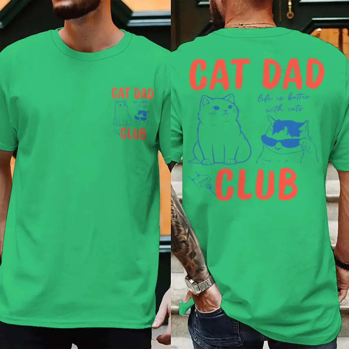 Cat Dad Club T-Shirt with Front and Back Graphics
