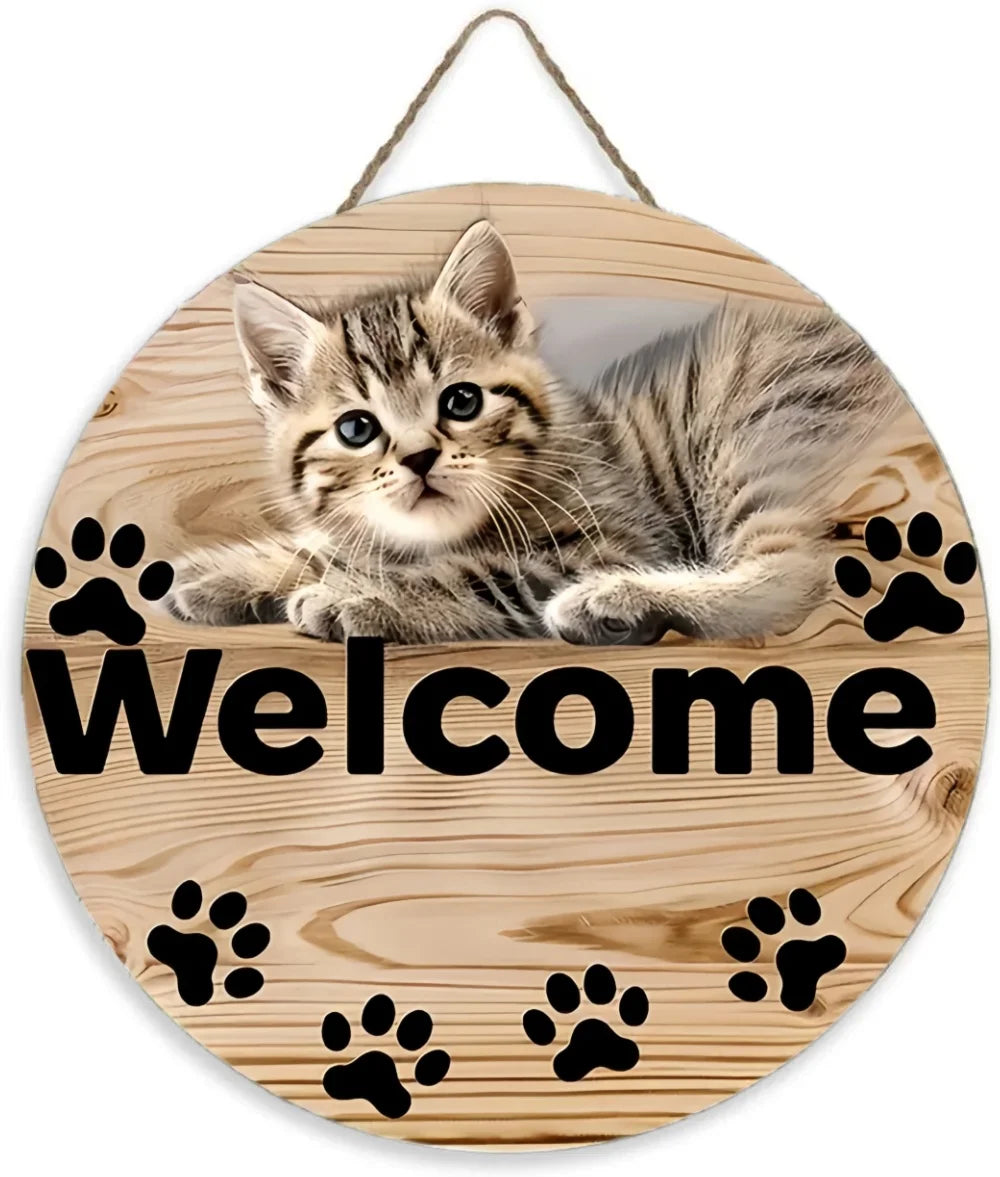 Letrero de madera de gato Bienvenido