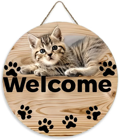 Letrero de madera de gato Bienvenido