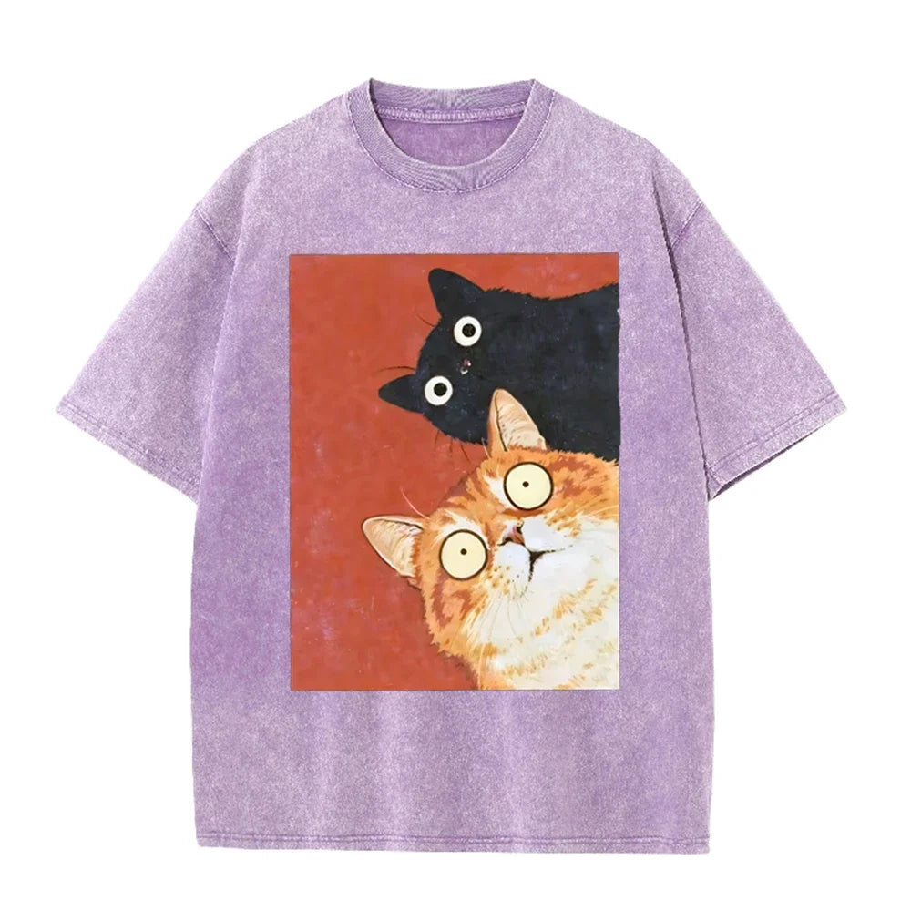 Unisex Washed Cotton T-Shirt with Surprised Cat Graphic