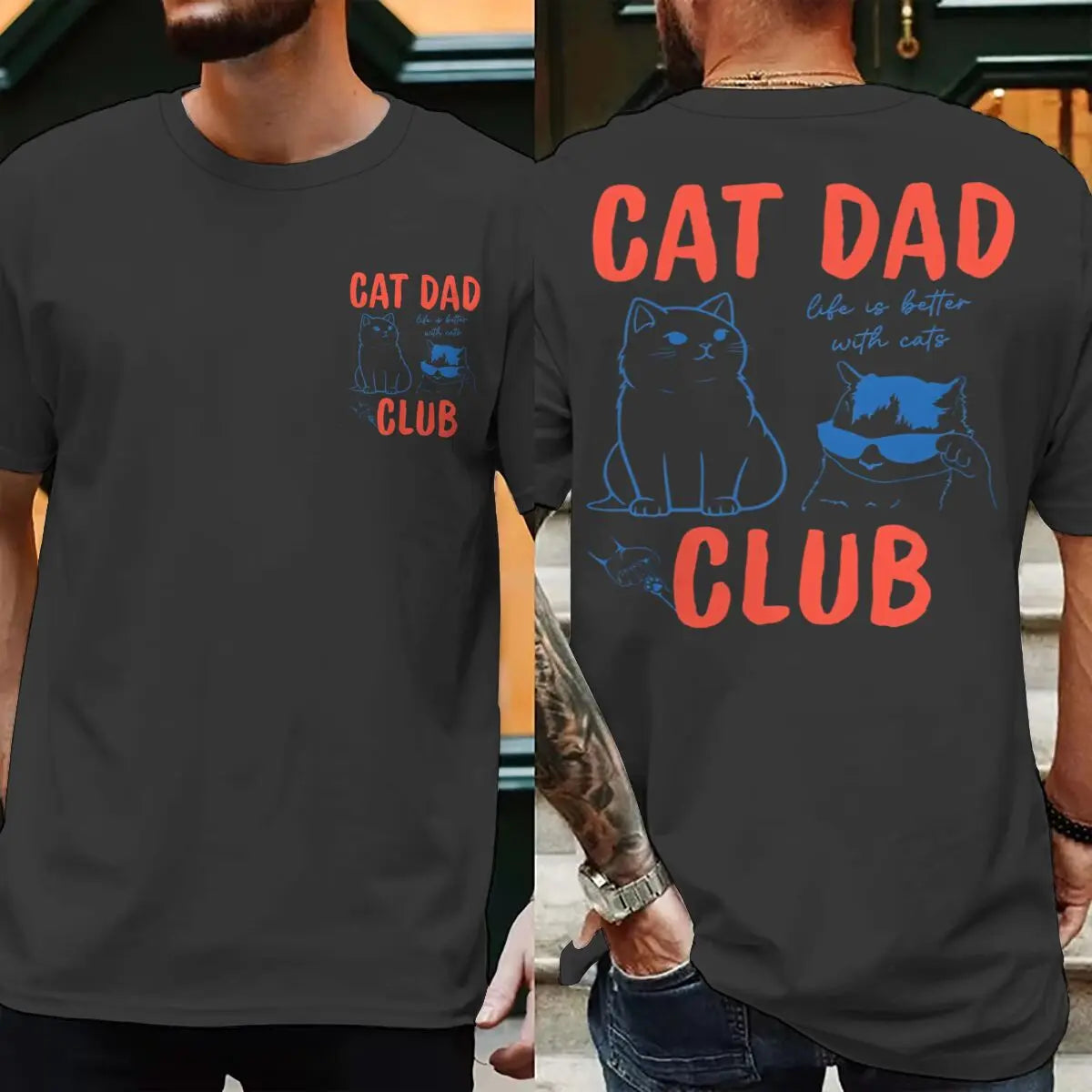 Cat Dad Club T-Shirt with Front and Back Graphics