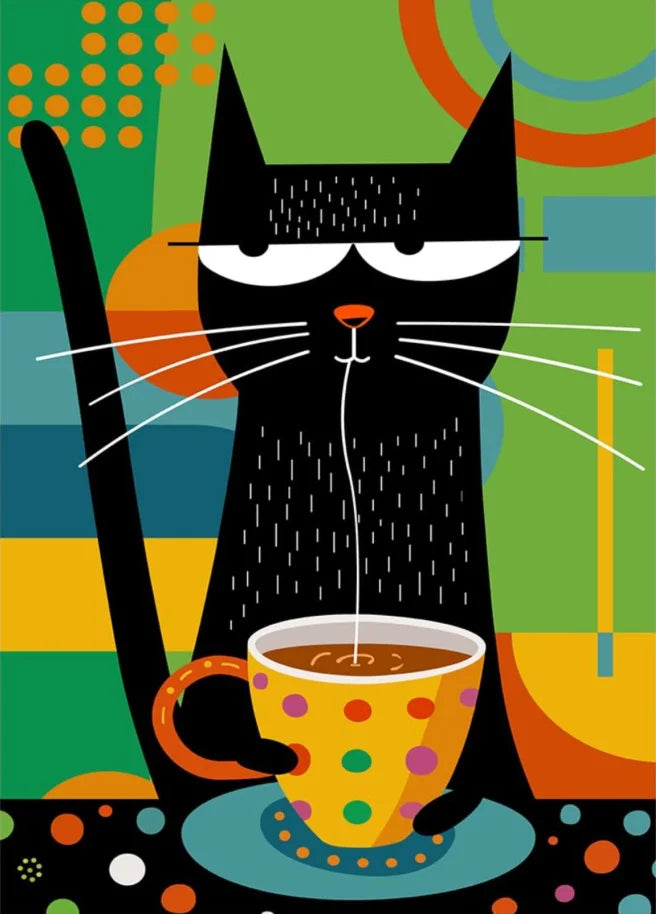 Schwarze Katze trinkt Kaffee-Poster