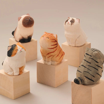 Wood Carving Kitten Statue Decor