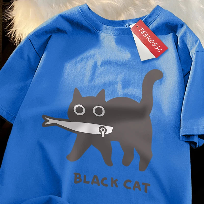 Black Cat Eating Fish T-Shirt