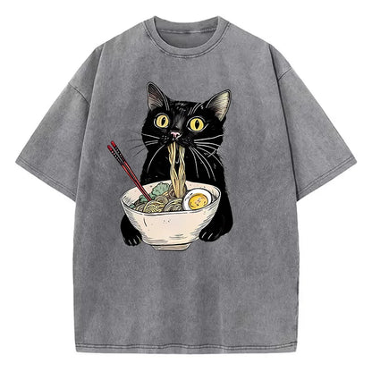 Camiseta retrô gato comendo ramen
