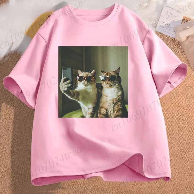Camiseta gráfica divertida con selfie de gato