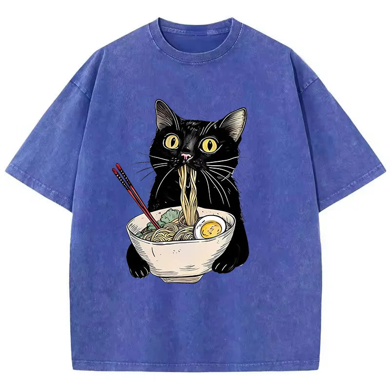 Camiseta retrô gato comendo ramen