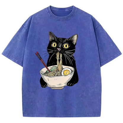 Camiseta retrô gato comendo ramen