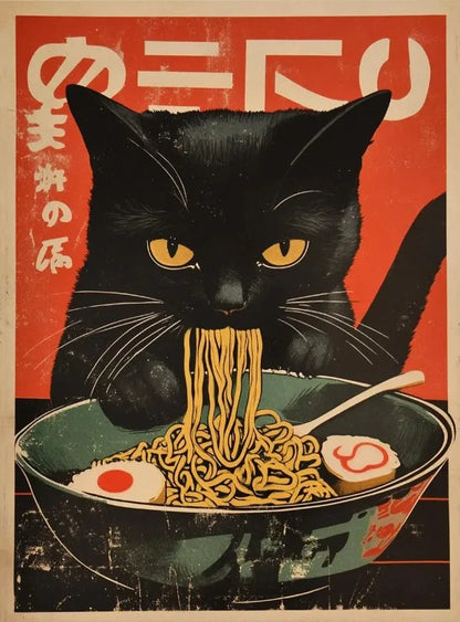Vintage Cat Eating Ramen Poster Wall Art
