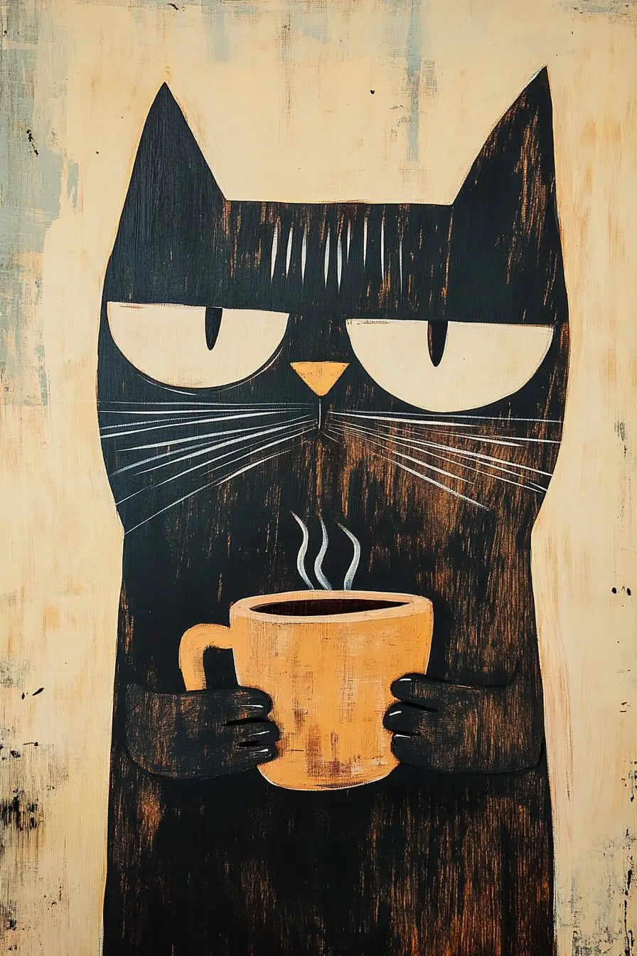 Schwarze Katze trinkt Kaffee-Poster