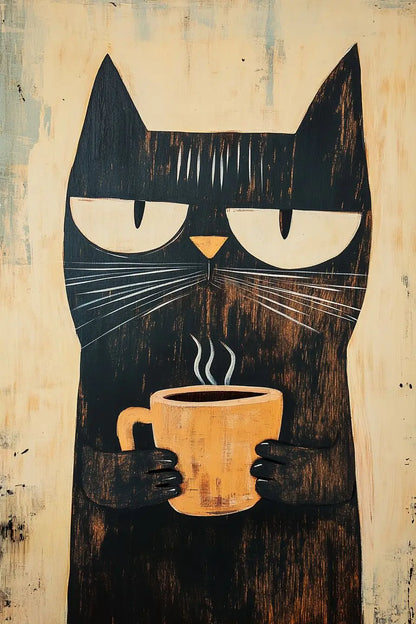 Schwarze Katze trinkt Kaffee-Poster