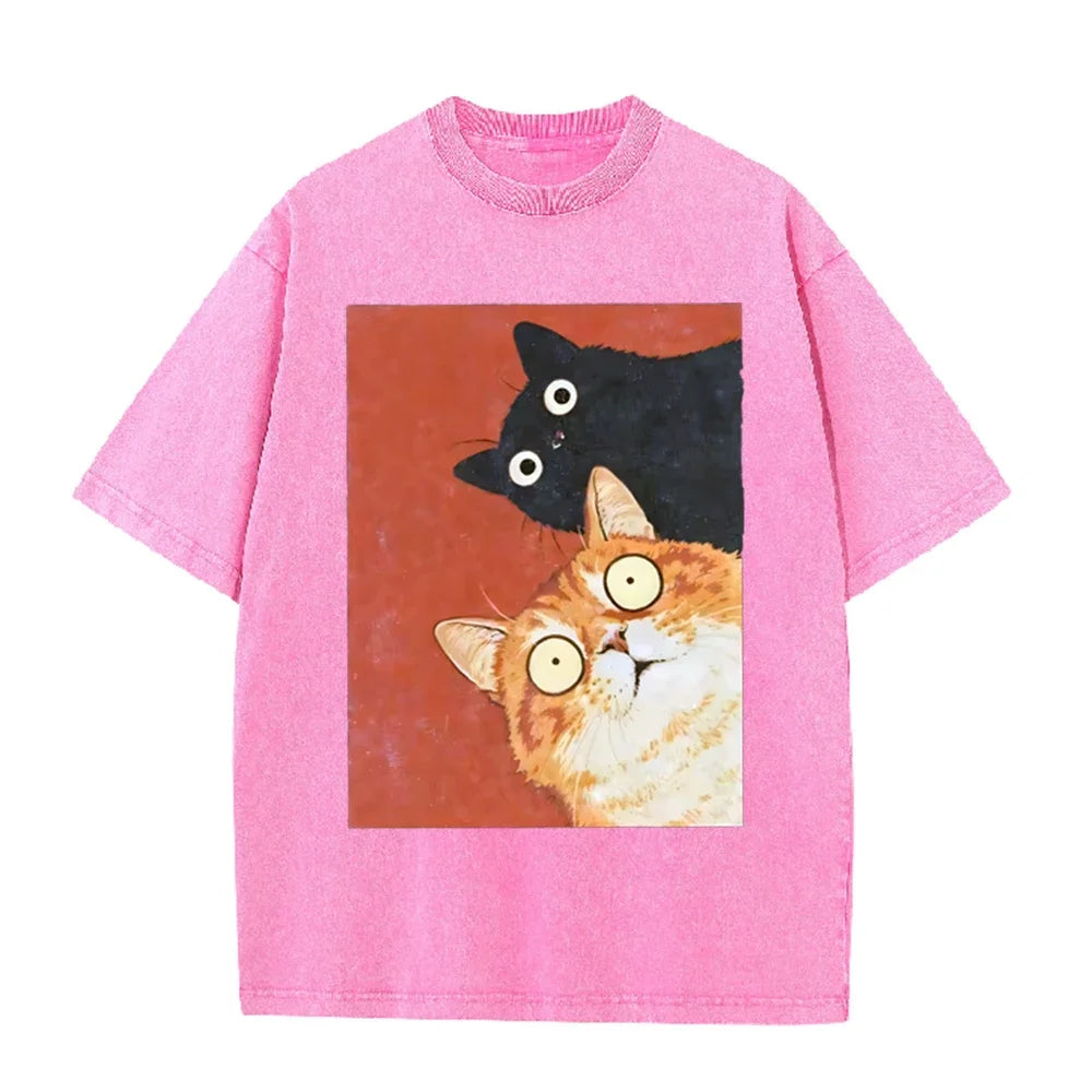 Unisex Washed Cotton T-Shirt with Surprised Cat Graphic