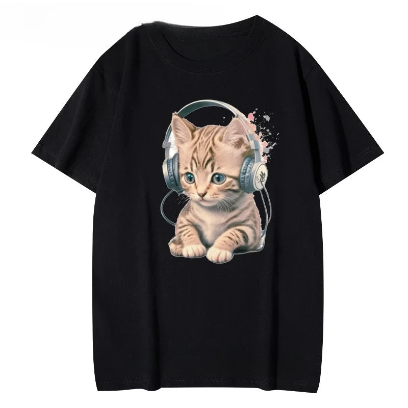 Women's Cat Headphones Graphic T-Shirt