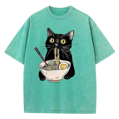 Camiseta retrô gato comendo ramen