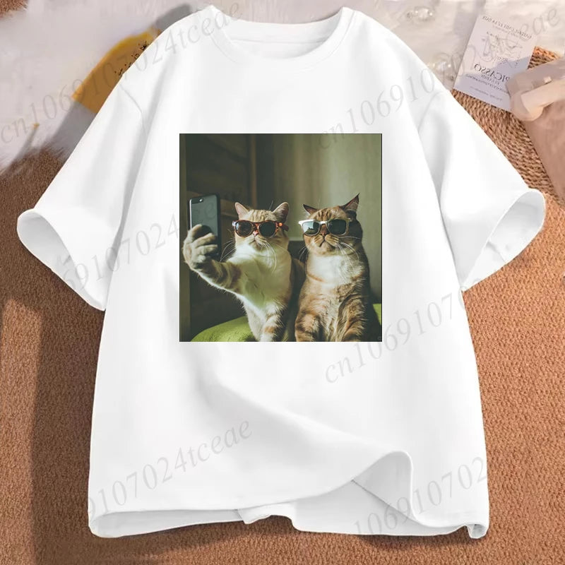 Camiseta gráfica divertida con selfie de gato