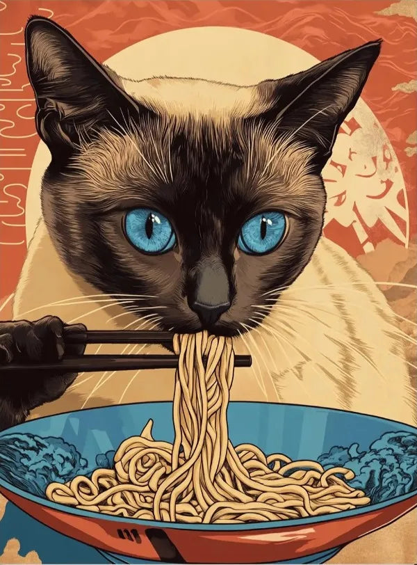 Vintage Cat Eating Ramen Poster Wall Art
