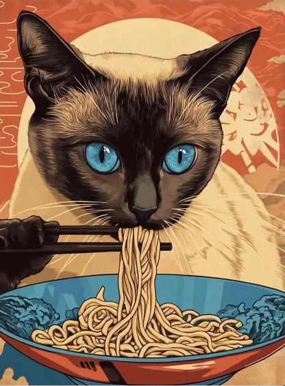 Vintage Cat Eating Ramen Poster Wall Art