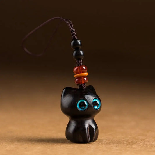 Porte-clés chat porte-bonheur en bois