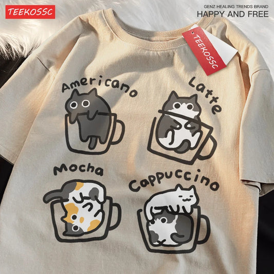 Cat Coffee Cotton T-Shirt