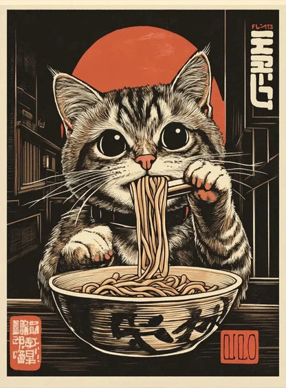 Vintage Cat Eating Ramen Poster Wall Art