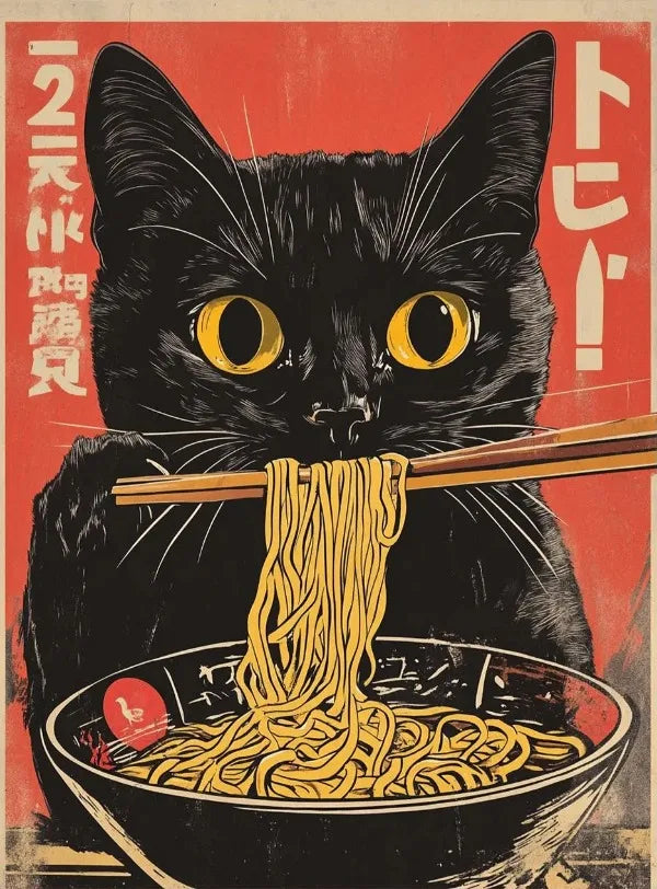 Vintage Cat Eating Ramen Poster Wall Art