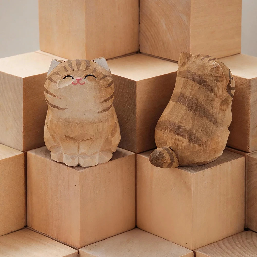 Wood Carving Kitten Statue Decor